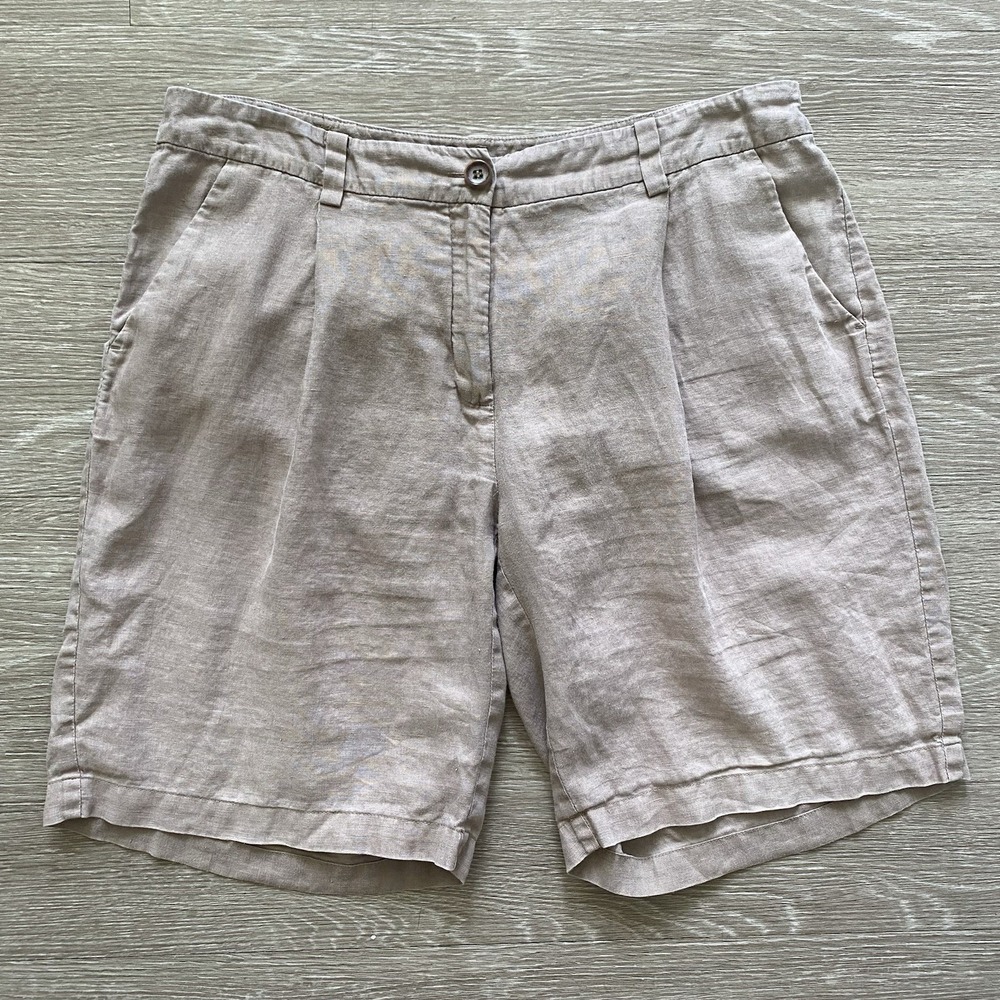 Eileen Fisher Organic Linen Pleated Shorts Womens M Brown Lagenlook Coastal READ